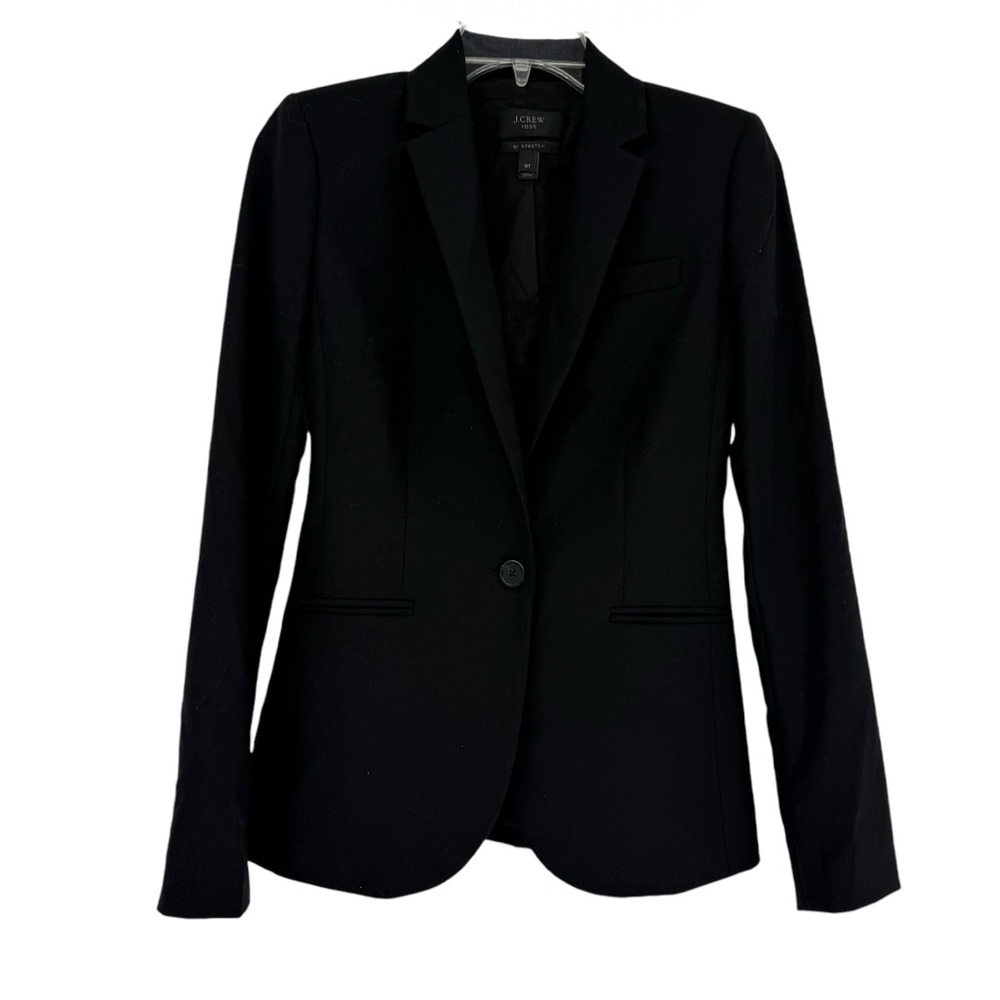 J. Crew 1035 Women Bi Stretch Wool Blazer Size 0 T Black Tollegno 1900 Fabric